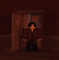 a cartoon character is standing in a doorway in a dark room