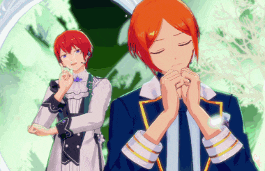 two anime characters with red hair are standing next to each other with their eyes closed and their hands folded