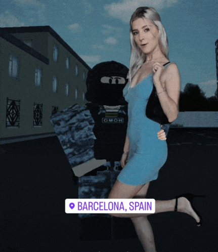 a woman in a blue dress is standing in front of a man in a black mask and a sign that says barcelona spain