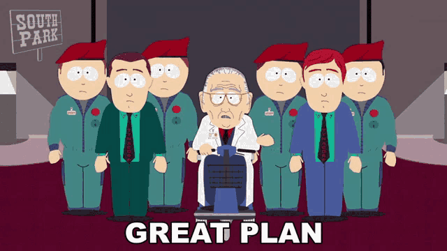 a group of south park characters standing next to a man in a wheelchair