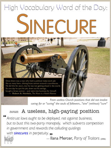 a poster for high vocabulary word of the day sinecure