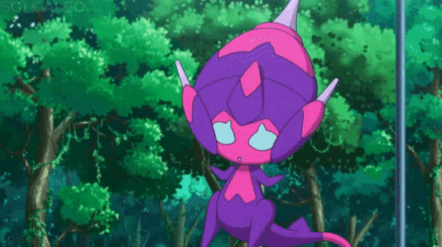 a purple and pink cartoon character is standing in a forest