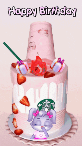 a happy birthday cake with a starbucks logo and strawberries