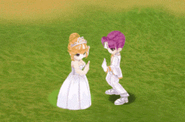 a girl in a white dress is standing next to a boy