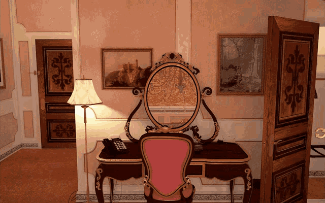 a room with a desk and a chair with a mirror and a lamp