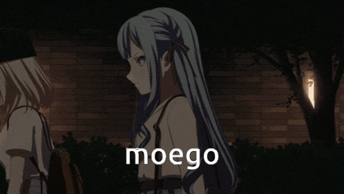 a girl with blue hair is standing in front of a brick wall and the word moego is on the bottom