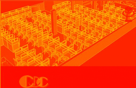 a drawing of a room with a lot of chairs and cubicles on an orange background .