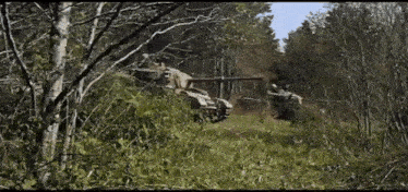 two military vehicles are driving through a field of trees