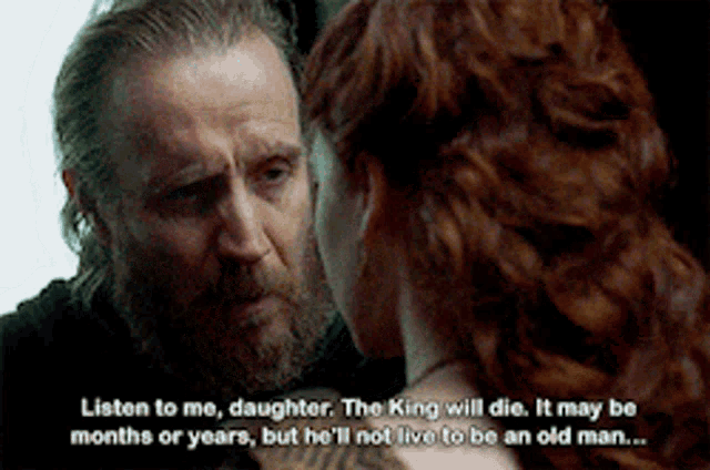 a man with a beard is talking to a woman with red hair and says listen to me daughter