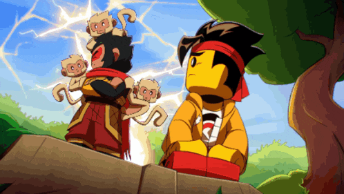 a cartoon of a man sitting on a tree branch with monkeys on his shoulders