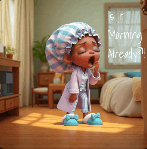 a cartoon girl is yawning in a bedroom with the words is it morning already written above her
