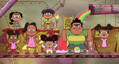 a group of cartoon characters are standing in front of a rainbow and a skull and crossbones sign