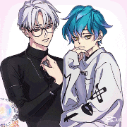 a drawing of a boy with blue hair and a girl with white hair