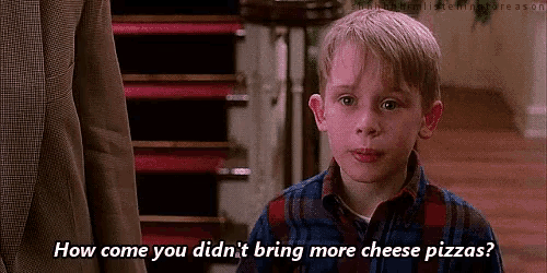 a boy in a plaid shirt is asking how come you did n't bring more cheese pizzas .