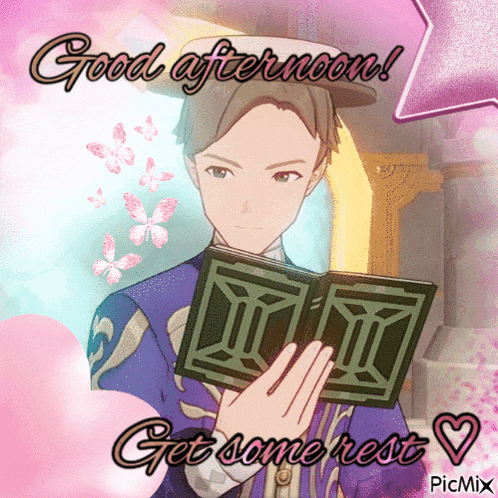 a picture of a man reading a book with the words good afternoon