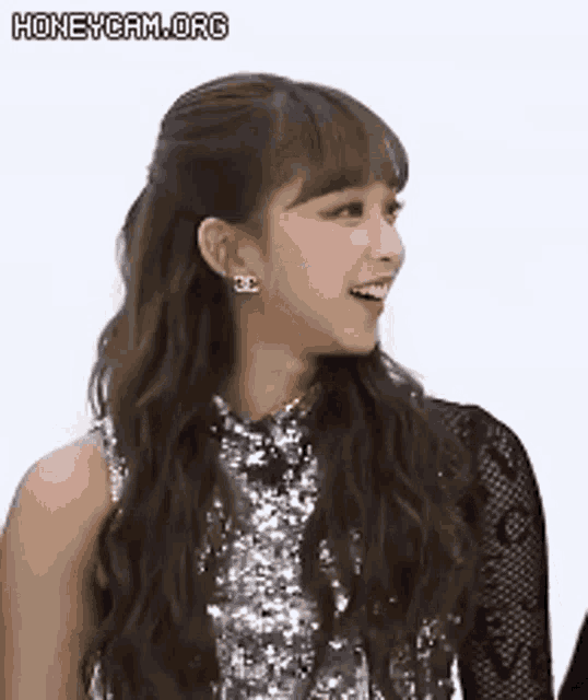 a woman in a sequined top is smiling and looking at the camera .