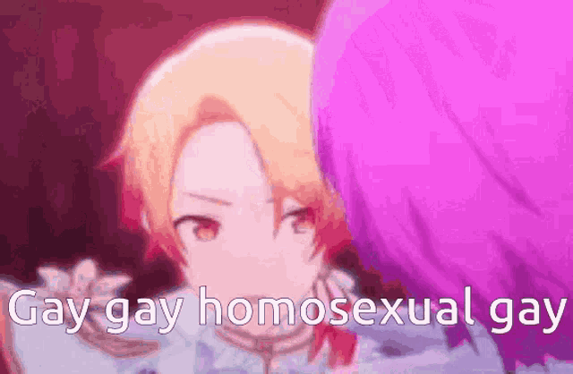 a couple of anime characters standing next to each other with the words `` gay gay homosexual gay '' written on it .