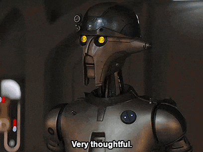 a robot says very thoughtful in front of a dark background