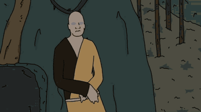 a cartoon of a bald man in a yellow and black outfit