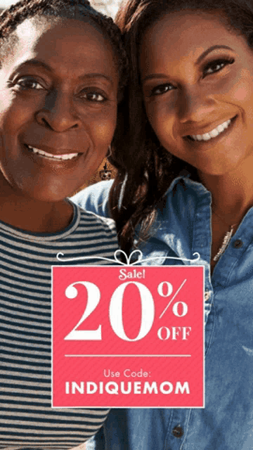 two women standing next to each other with a sale sign that says 20 % off