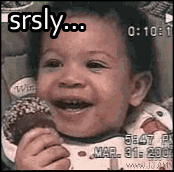 a baby is smiling while eating a donut with the words srsly written above him