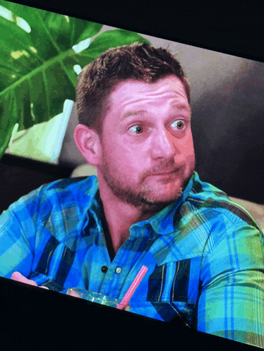 a man with a beard wearing a blue and green plaid shirt