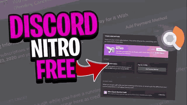 an advertisement for discord nitro free with an arrow pointing to it