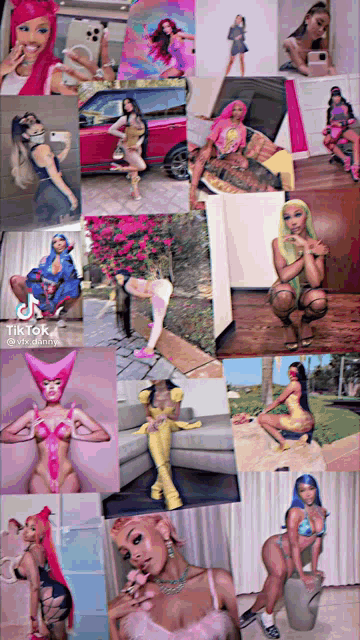 a collage of photos of a woman with pink hair and blue hair