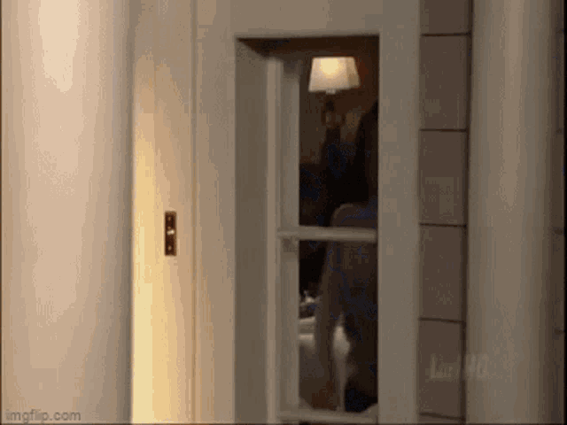 a man is standing in a doorway looking out a window .