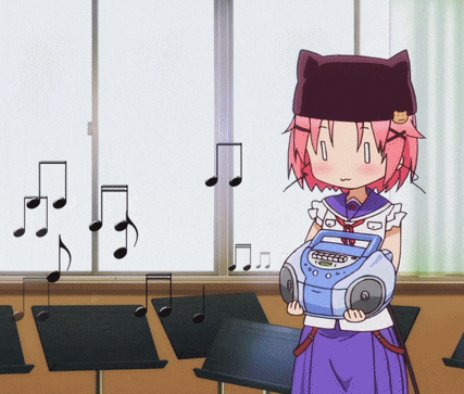 a girl with pink hair is holding a radio in front of a window with music notes behind her