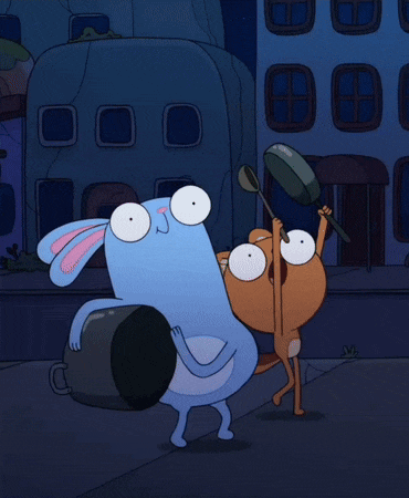 a cartoon of a dog holding a pot and a rabbit holding a pan