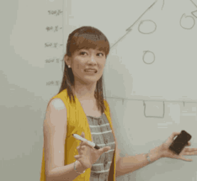 a woman is standing in front of a white board with a graph on it