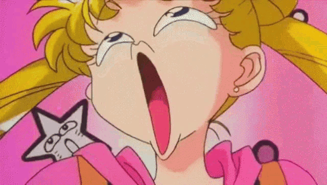 a close up of a cartoon character making a funny face with her mouth open .