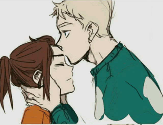 a drawing of a man and a woman holding hands and looking at each other