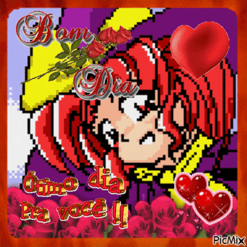 a pixel art of a girl with the words bom dia pra voce written on it