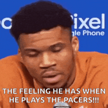 a man in an orange shirt says the feeling he has when he plays the pacers !!