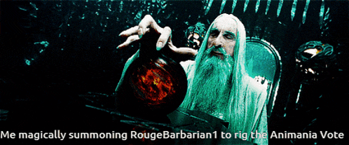 a picture of a man with a beard and the words me magically summoning rouge barbarian 1 to rig the animania vote