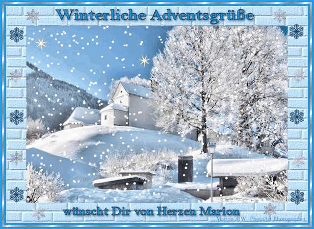 a picture of a snowy scene with the words winterliche adventsgrüße written above it