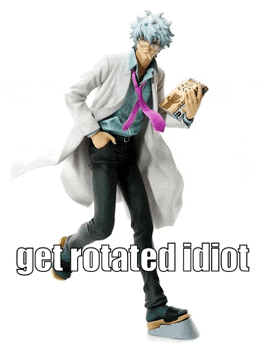 a figurine of a man in a lab coat holding a book with the words get rotated idiot below it