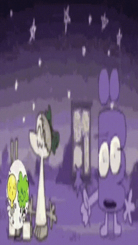 a group of cartoon characters are standing next to each other in a purple background .
