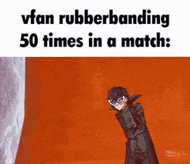 a video game character is standing in front of a wall with the words " vfan rubberbanding 50 times in a match "