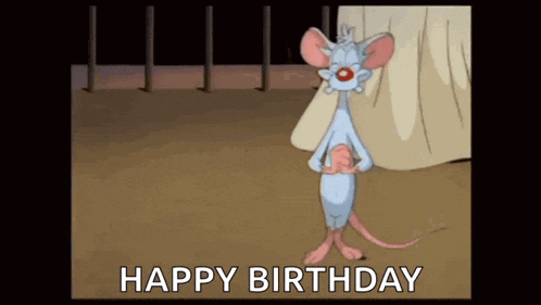 a cartoon mouse is standing in front of a tent with the words `` happy birthday '' written below it .