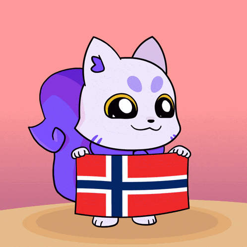 a cartoon cat holding a norwegian flag in its paws