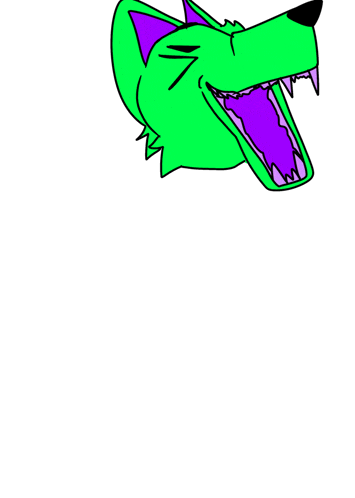a cartoon drawing of a green and purple wolf with its mouth open