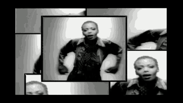 a black and white photo of a woman in a leather jacket dancing .