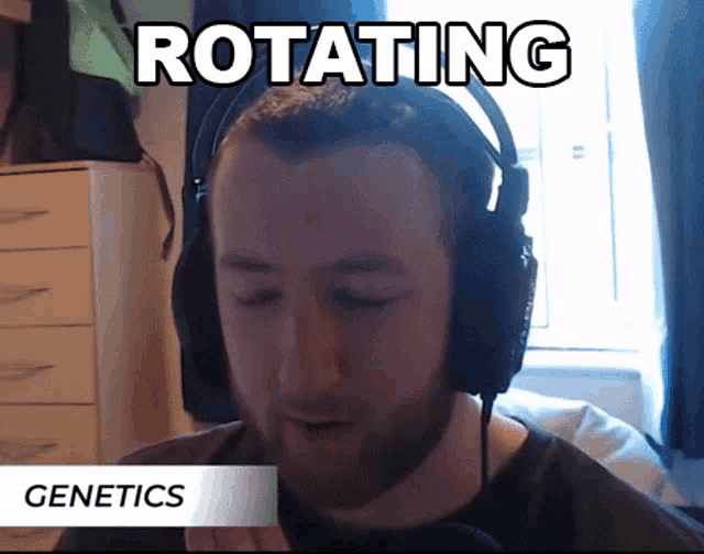 a man wearing headphones with the words rotating genetics on the bottom