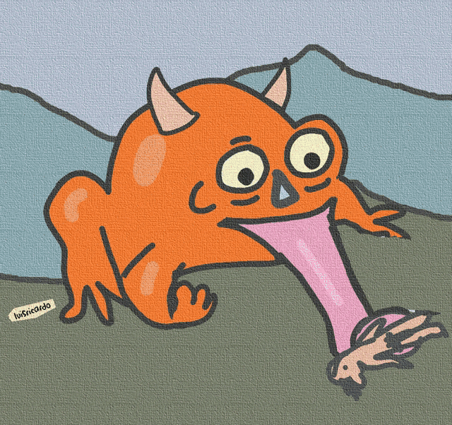 a cartoon drawing of a monster with horns and a tag that says " avocado "