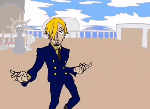 a cartoon drawing of a man in a blue suit