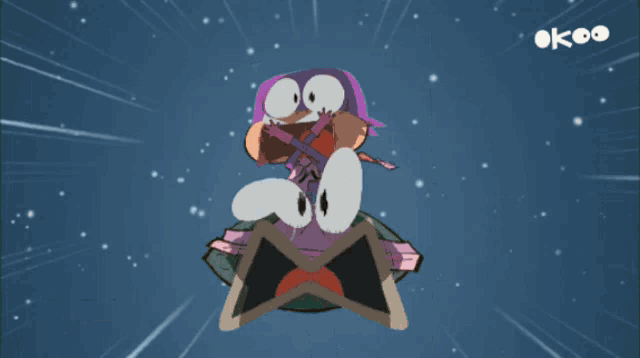 a cartoon character with a purple hair and gloves and the word okeo on the bottom