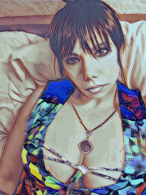a painting of a woman laying on a bed with the words photo lab on the bottom right